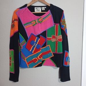 Vintage Michael Simon Ugly Christmas Sweater Gift Bow Embellished Cardigan